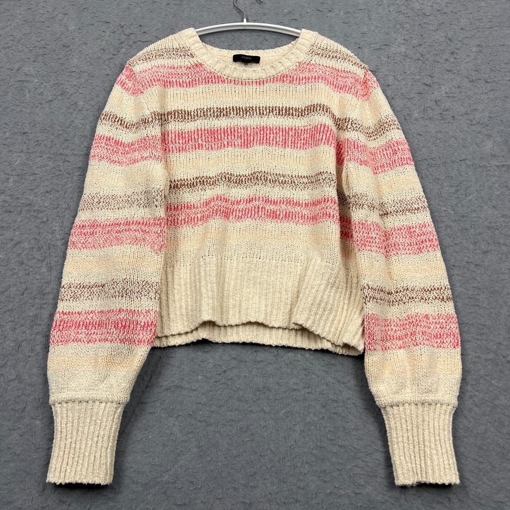J Crew Sweater Women's Large Beige Boucle Crewneck Wide Stripe Knit Cropped Crew